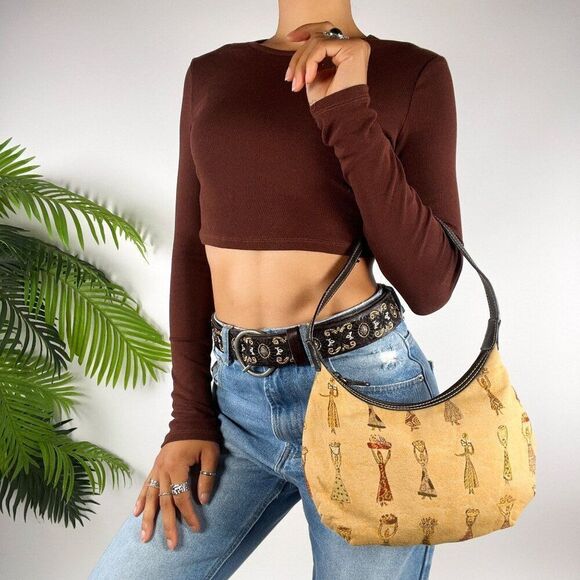 Vintage Y2K Tan Tribal Print Western Bohemian Shoulder Bag Small Casual Purse - Picture 1 of 7